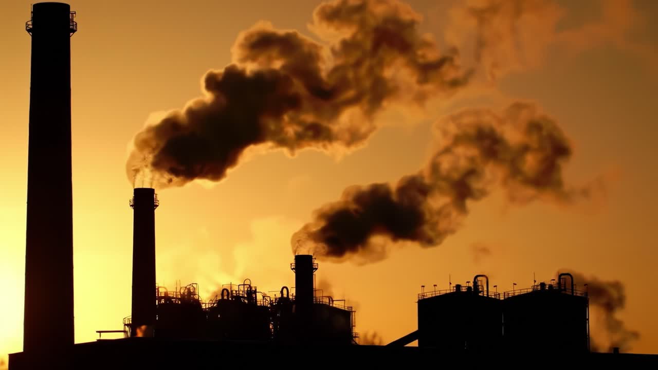 Silhouetted Industrial Landscape at Sunset: Emission Vistas and Smoke Trails Creating a Dramatic Contrast Against a Fiery Sky