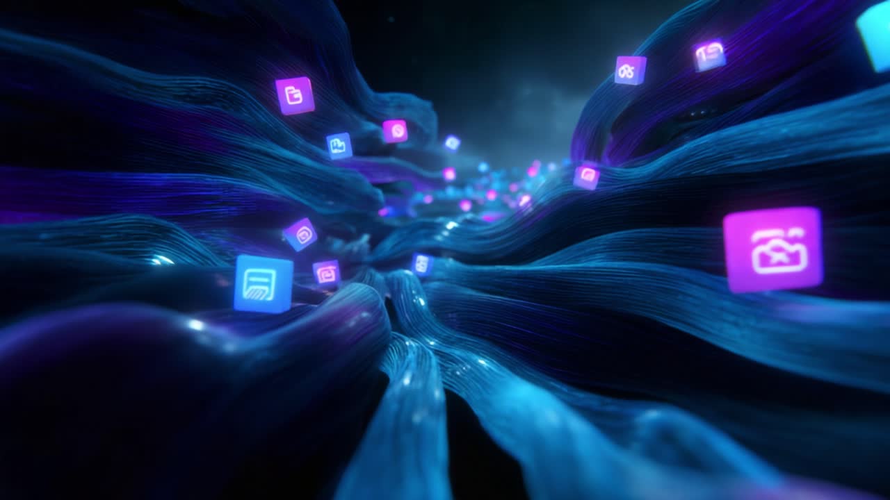 A Stunning Visualization of Digital Connectivity Showcasing Flowing Waves and Colorful Icons Representing Various Applications and Technologies in a Virtual Space
