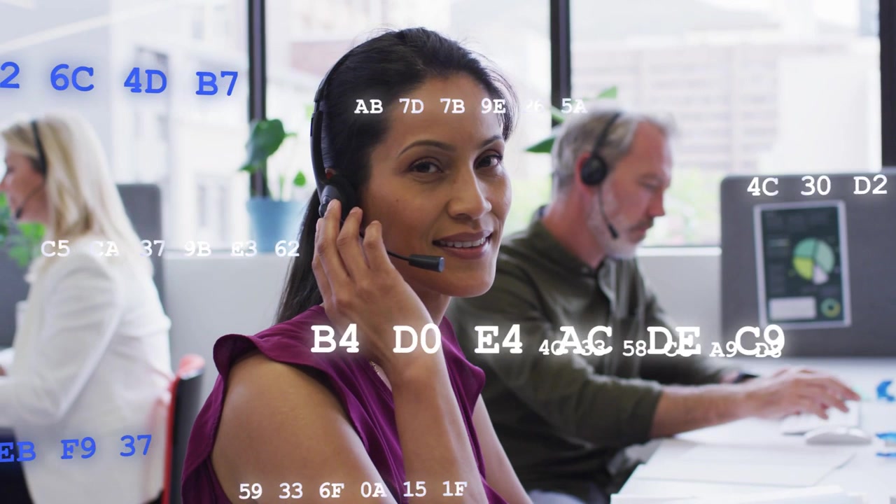 Woman call rep receiving call adjusting headset speaking smiling as data overlays moving around her