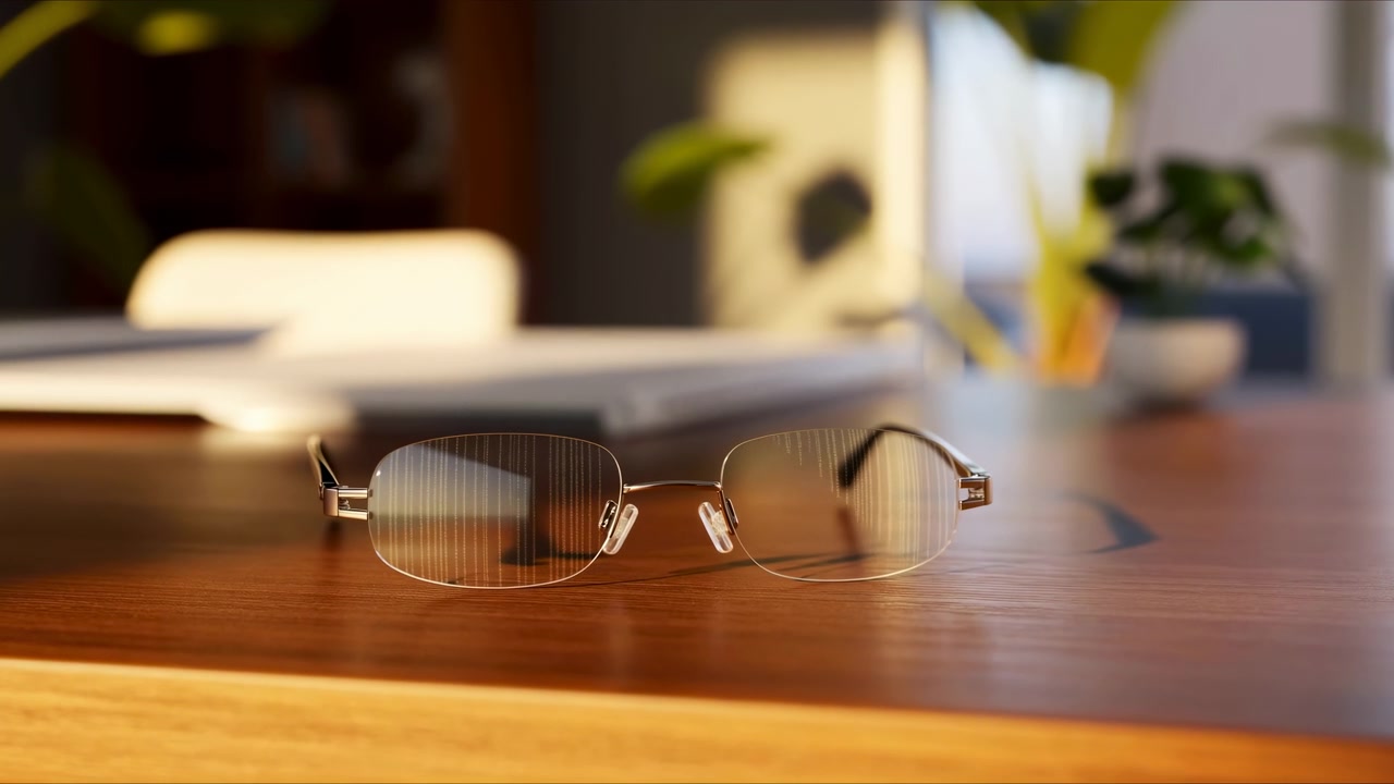 Eyeglasses rest on a polished wooden desk in the foreground, with a blurred laptop, chair, and indoor plants softly lit in a modern office setting