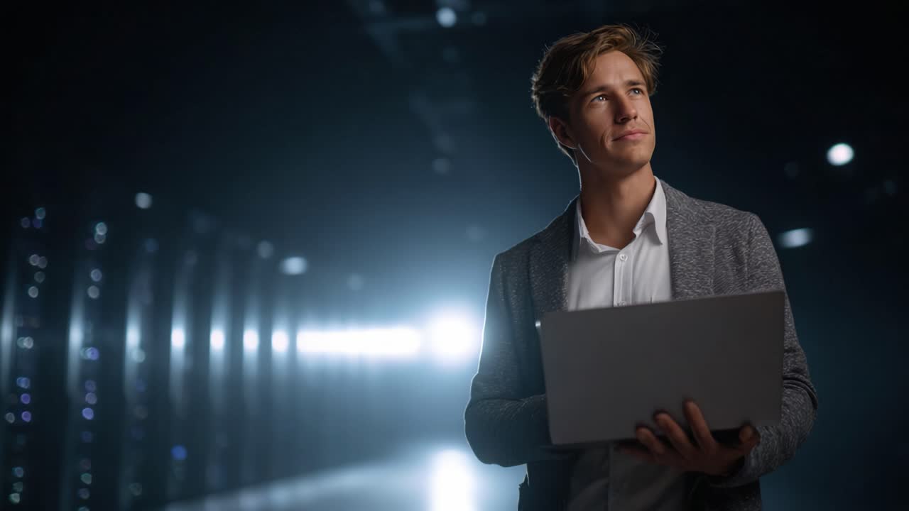 A Thoughtful Young Man with a Laptop in a High-Tech Environment, Contemplating the Future of Technology and Innovation Amidst a Dynamic Background of Light