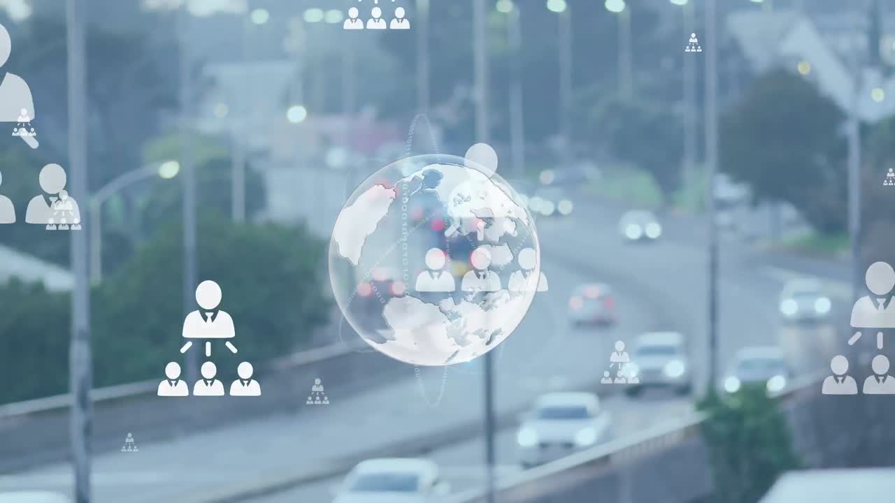 데이터 처리 및 도시 풍경 위의 지구의 애니메이션