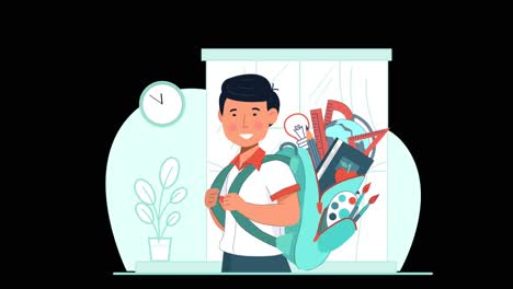 ilustración animada de un alumno joven con una gran mochila escolar llena de materiales de estudio, fondo con un reloj girando