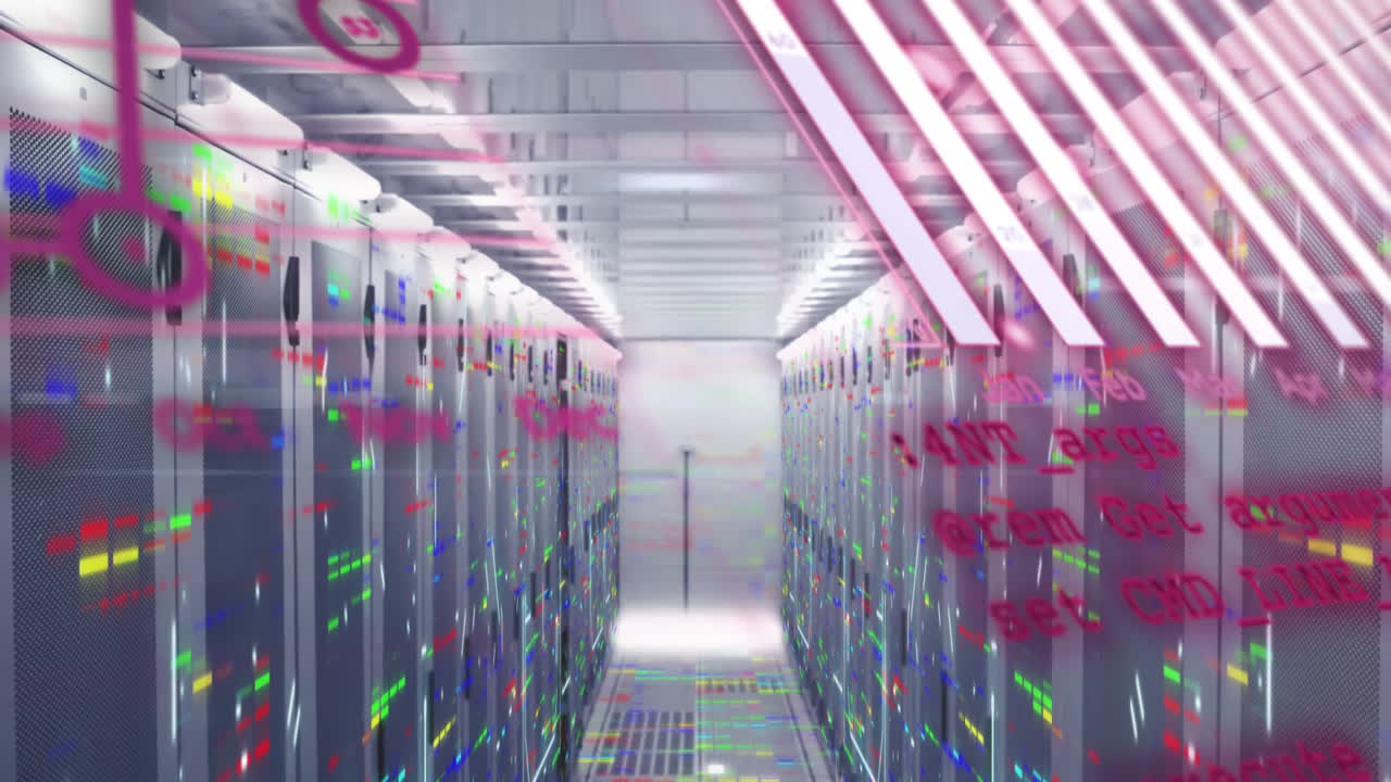 animación de gráficos, globos y lenguaje informático sobre barras multicolores en la sala del servidor