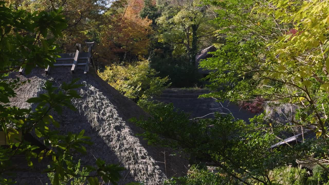 deslizador cinematográfico lateral sobre casas típicas de techo de paja con colores de otoño