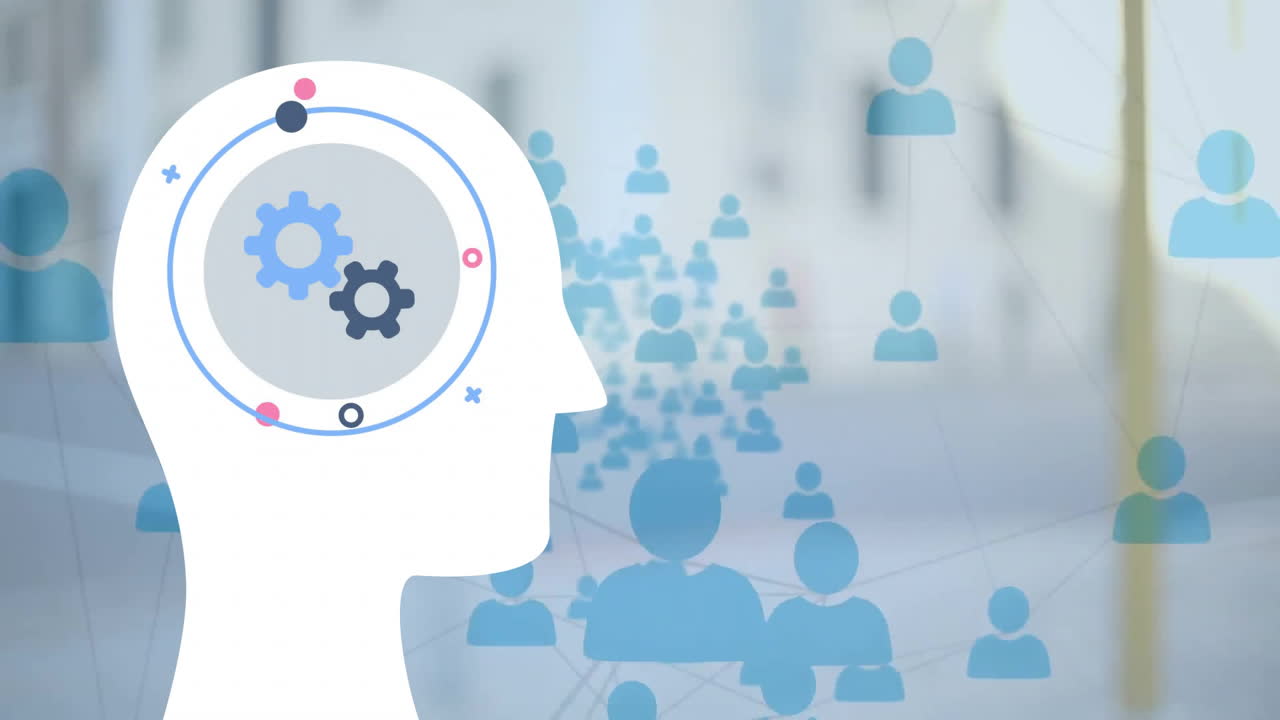 과 사람들의 연결망의 아이콘을 가진 머리의 애니메이션