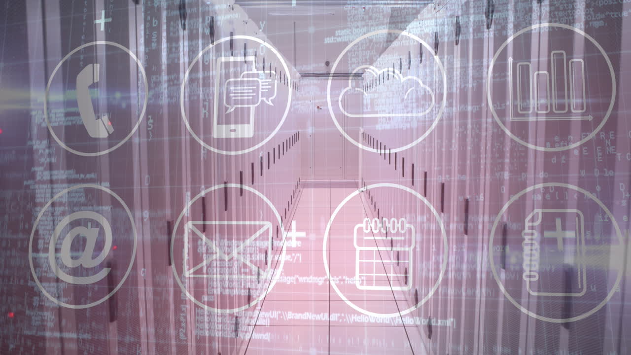 Animation of technological icons data and information in a server room