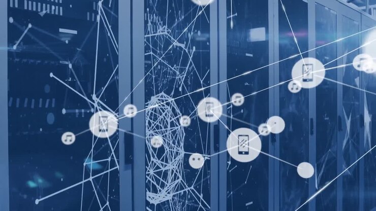 Animation of network of digital icons and plexus networks against computer server room