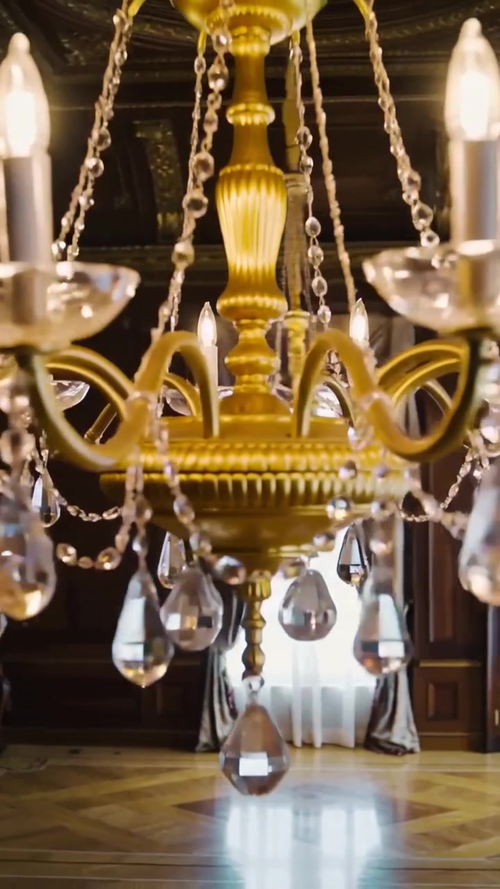 Video verticale: Telecamera che si allontana, lampadario che proietta una luce calda rivelando una stanza elegante, cristalli.