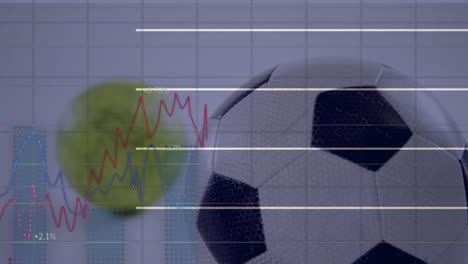 animación del procesamiento de datos estadísticos a través de la red de red contra el primer plano de una pelota de fútbol