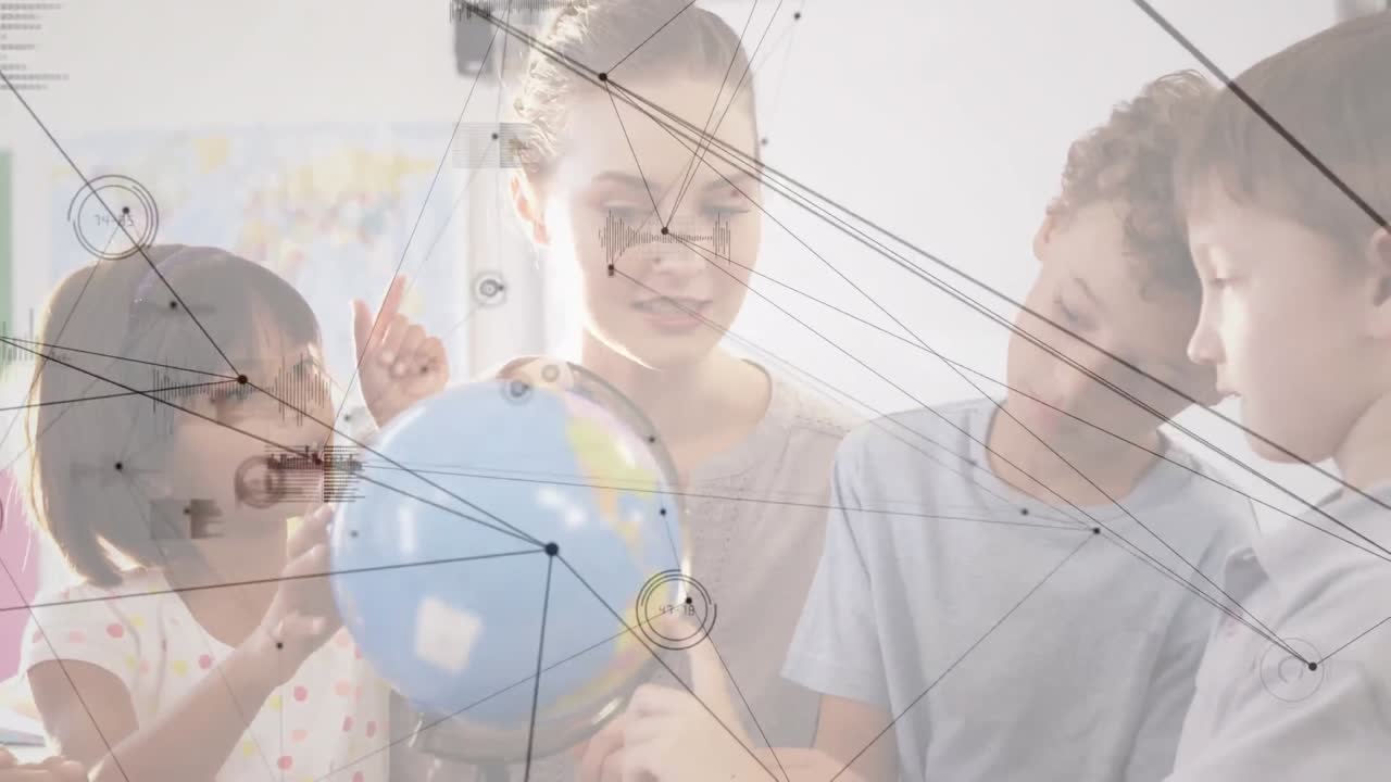 animación de la red de conexiones y el mundo sobre el maestro y los escolares