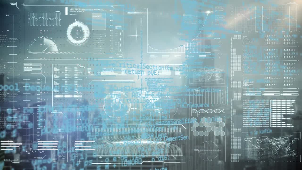 Animation of data processing over cityscape