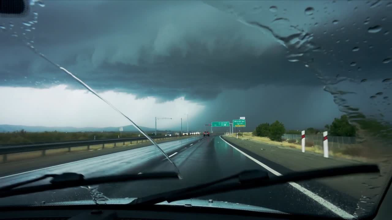 Conducente alla guida che usa i tergicristalli mentre una pioggia battente colpisce il parabrezza in autostrada, liberando la visuale verso un muro di nuvole