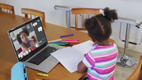 Schoolgirl-using-laptop-for-online-lesson-at-home,-with-schoolgirl-and-web-chat-on-screen