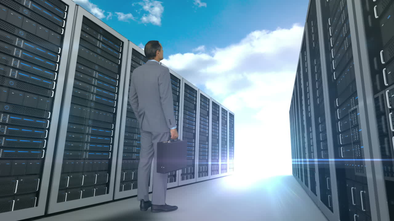 Businessman looking at server tower on cloudy sky background 