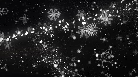 animation of flying lens flare and snowfall, snowflake and multiple molecules over black background