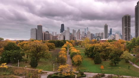 chicago lincoln park autumn aerial view with city skyline in background