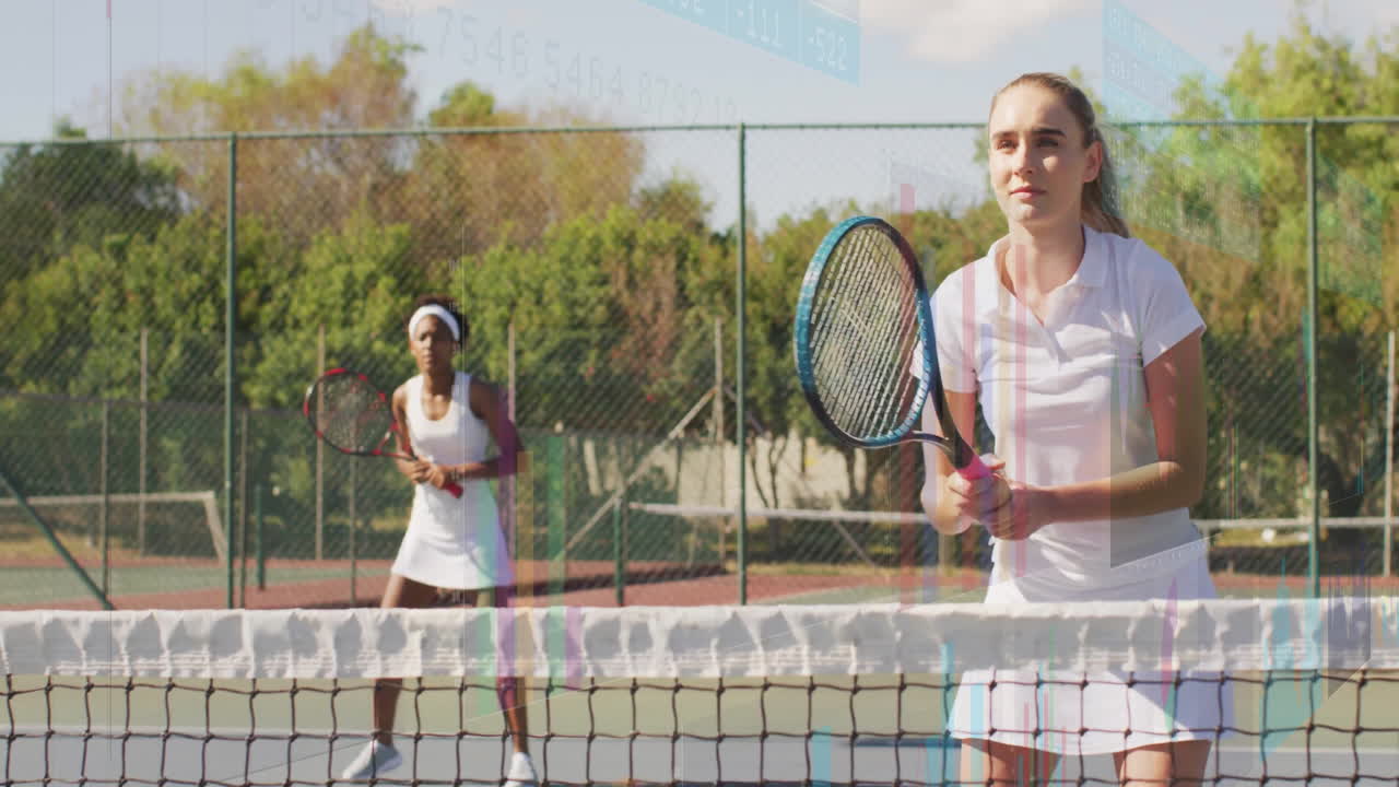 Female players gripping rackets on tennis court, showing floating sports tech performance charts