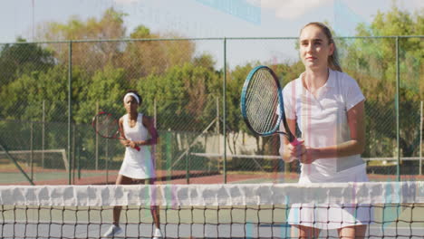 female players gripping rackets on tennis court, showing floating sports tech performance charts