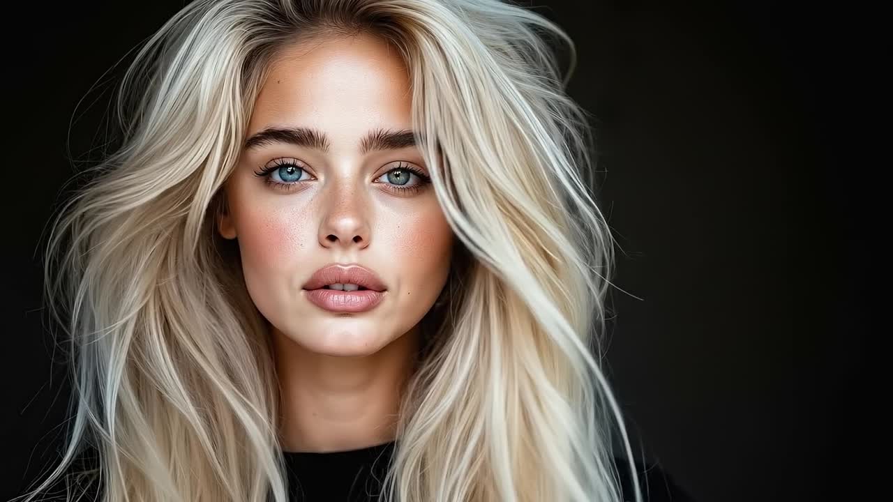 긴 금발 머리와 파란 눈을 가진 여자