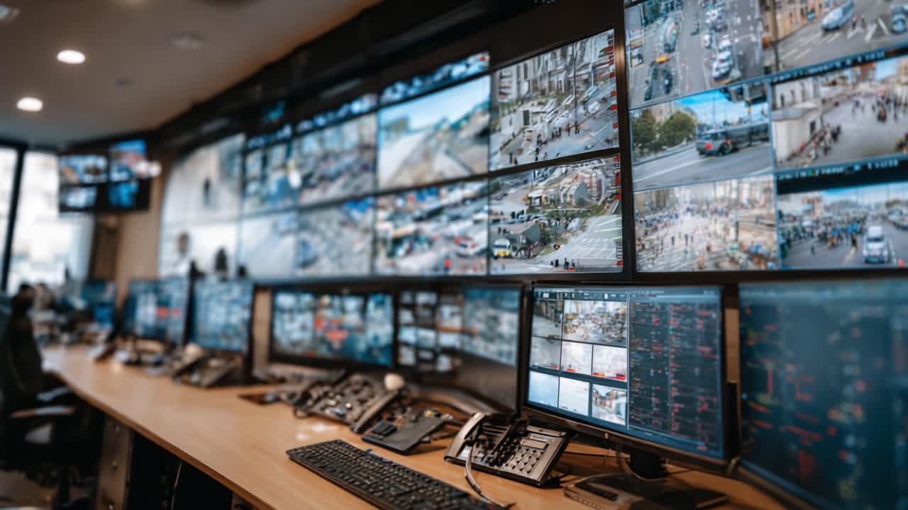 Sala di controllo di sorveglianza avanzata con più monitor che mostrano traffico in tempo reale e spazi pubblici per il monitoraggio e l'analisi.