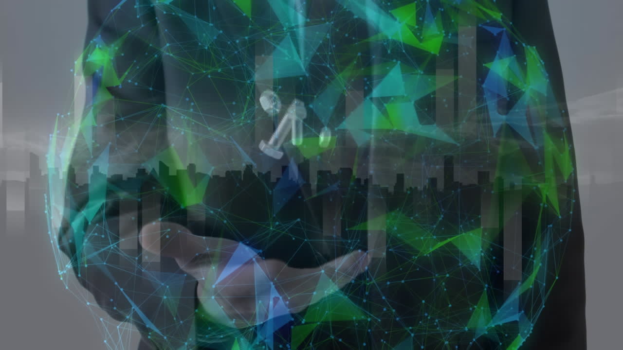 animación de una red colorida que gira sobre un hombre de negocios que lanza y atrapa tuercas y pernos