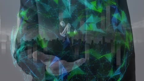 Animation of colourful network rotating over businessman throwing and catching nuts and bolts
