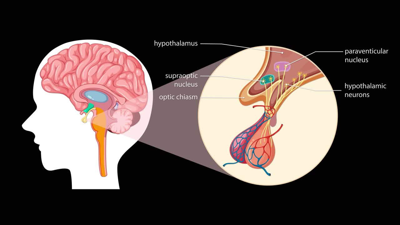 Medical animation zooms from a human brain profile to a labeled close-up of the pituitary gland, highlighting anatomical structures with smooth transitions and clear labeling