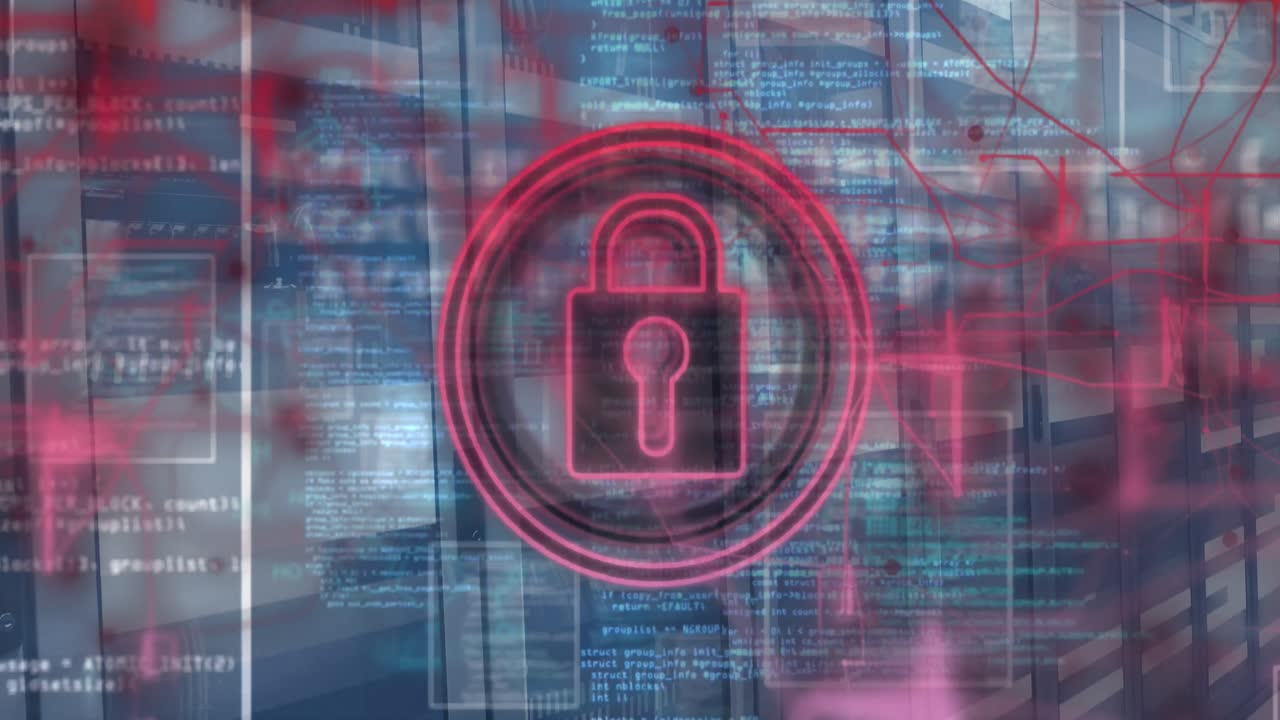 animación de un candado en círculo sobre el lenguaje de programación en cuadrados contra la sala del servidor.