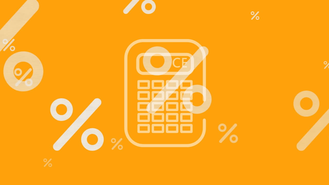 animación de los símbolos de porcentaje y el icono de la calculadora sobre fondo naranja