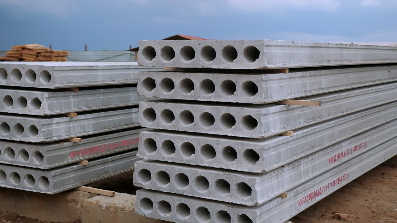 Stacked Precast Concrete Beams at Construction Site