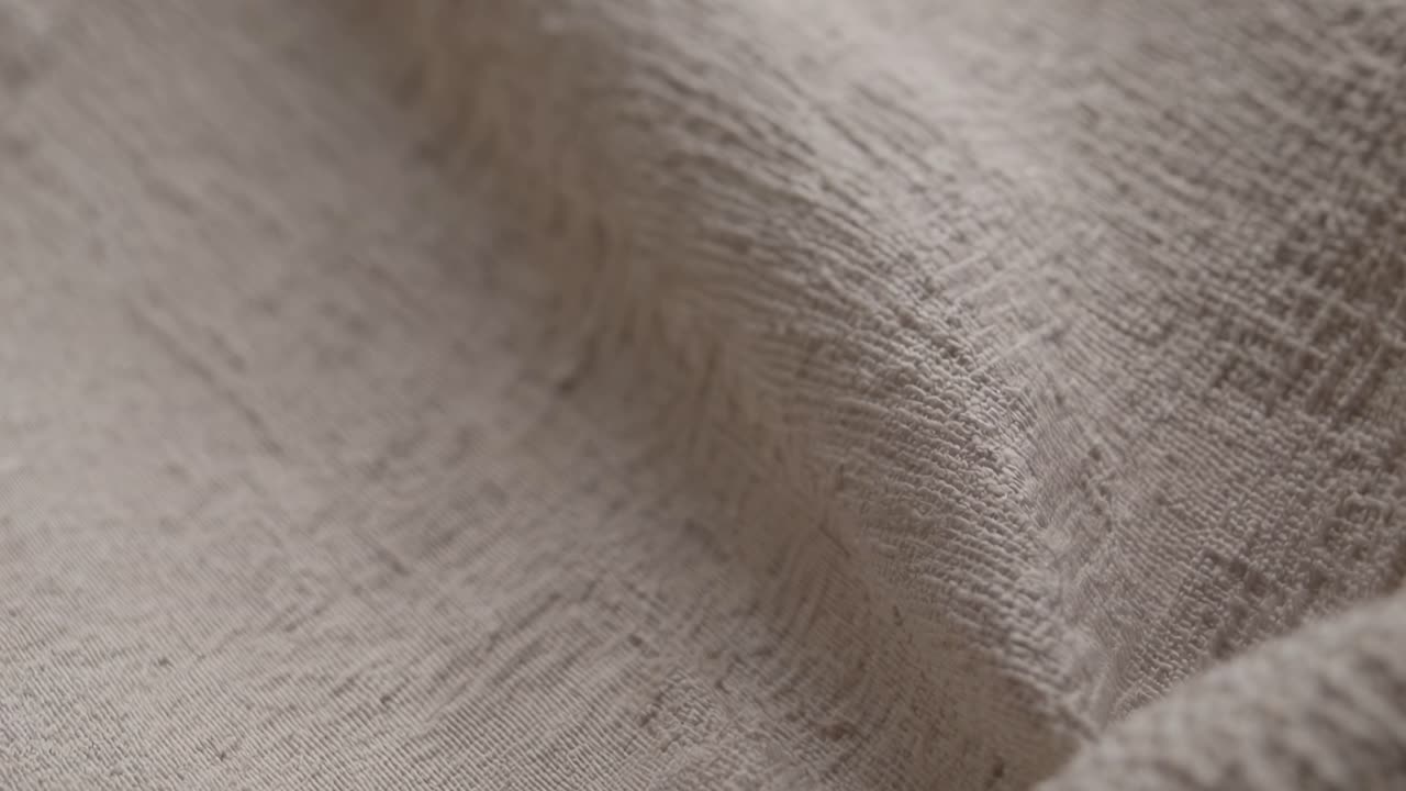 Ripresa video ravvicinata di un tessuto beige ruvido, che mostra complessi motivi di trama