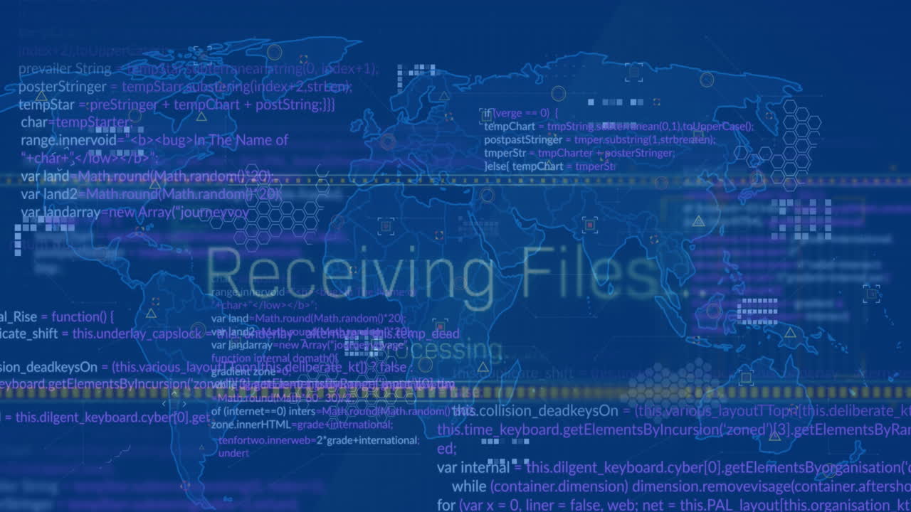 Animation of interface with data processing over world map against blue background