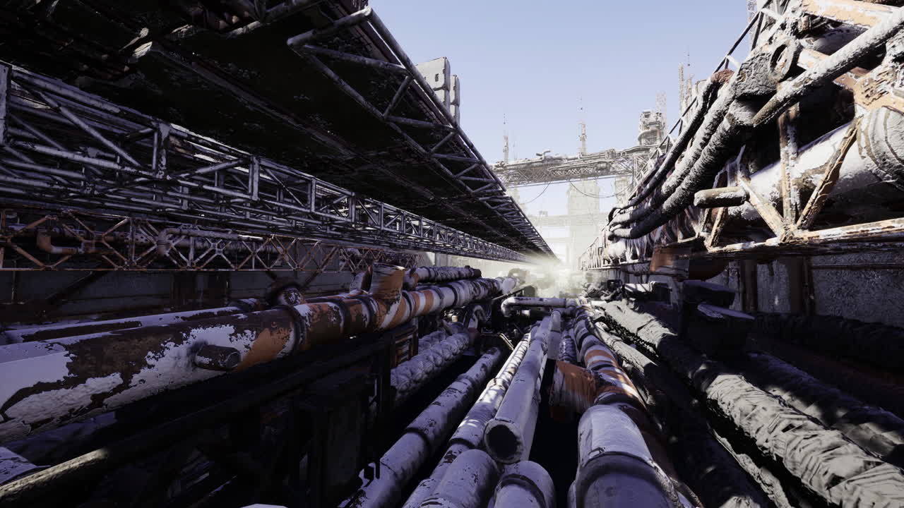 Industrial landscape with pipes and structures under bright sunlight