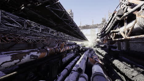 industrial landscape with pipes and structures under bright sunlight
