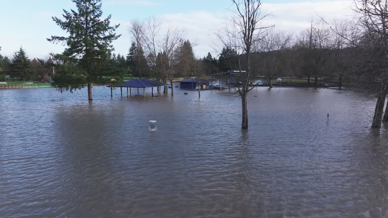 White River Levee Fails, Engulfing Pacific Neighbourhood With Flash Floods In Washington State, USA. Aerial Shot
