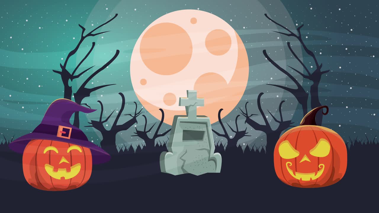 felice scena animata di halloween con zucche nel cimitero