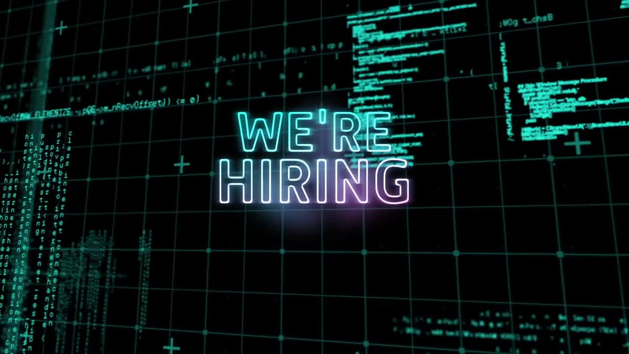 Animation of we are hiring neon text over data processing