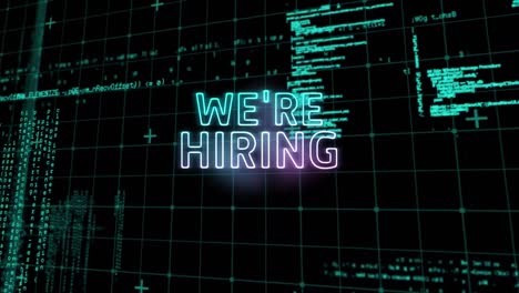 Animation-of-we-are-hiring-neon-text-over-data-processing