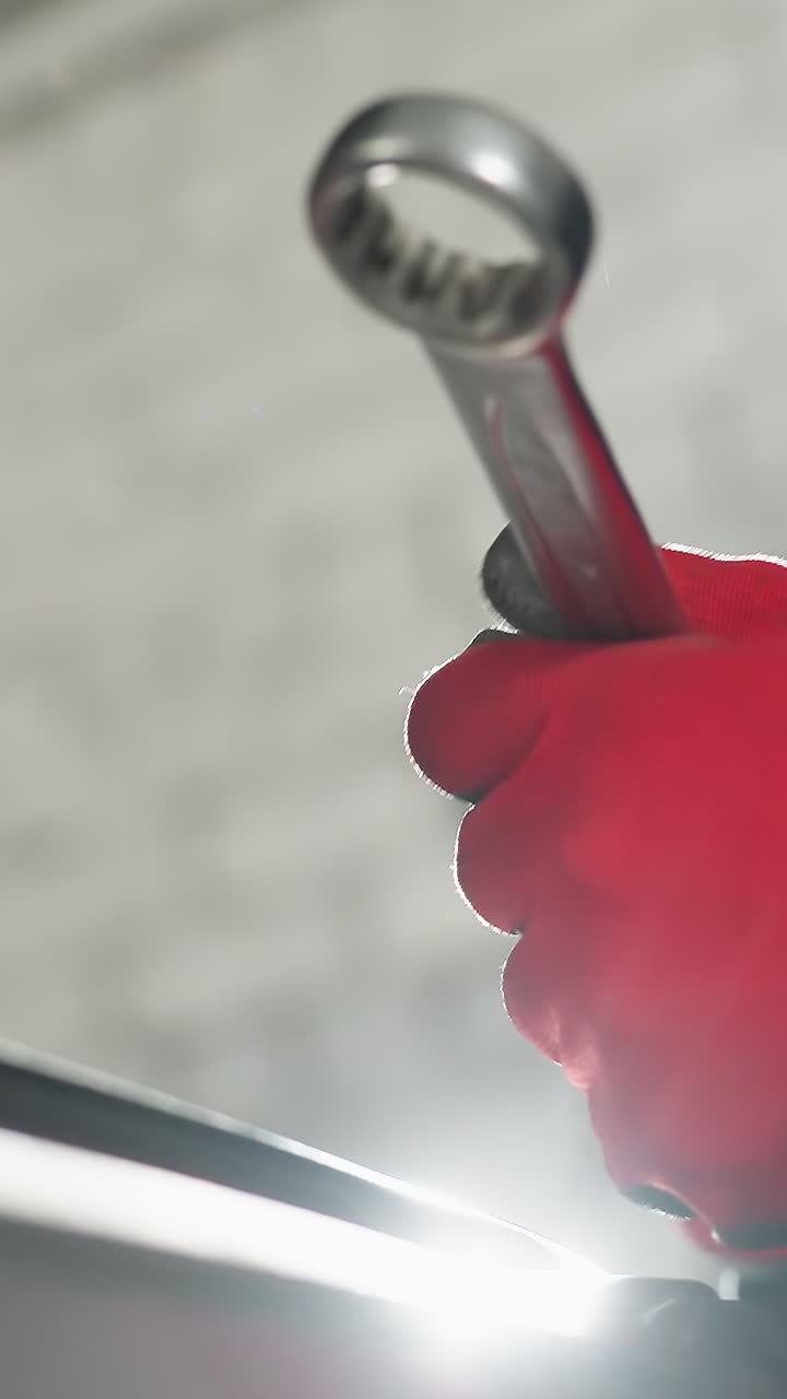 Close-up of a worker hand wearing red gloves, gripping a spanner while working on a mechanical component, light reflection on the hand adds a dramatic effect