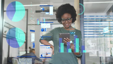 animation of lights over african american women in server room