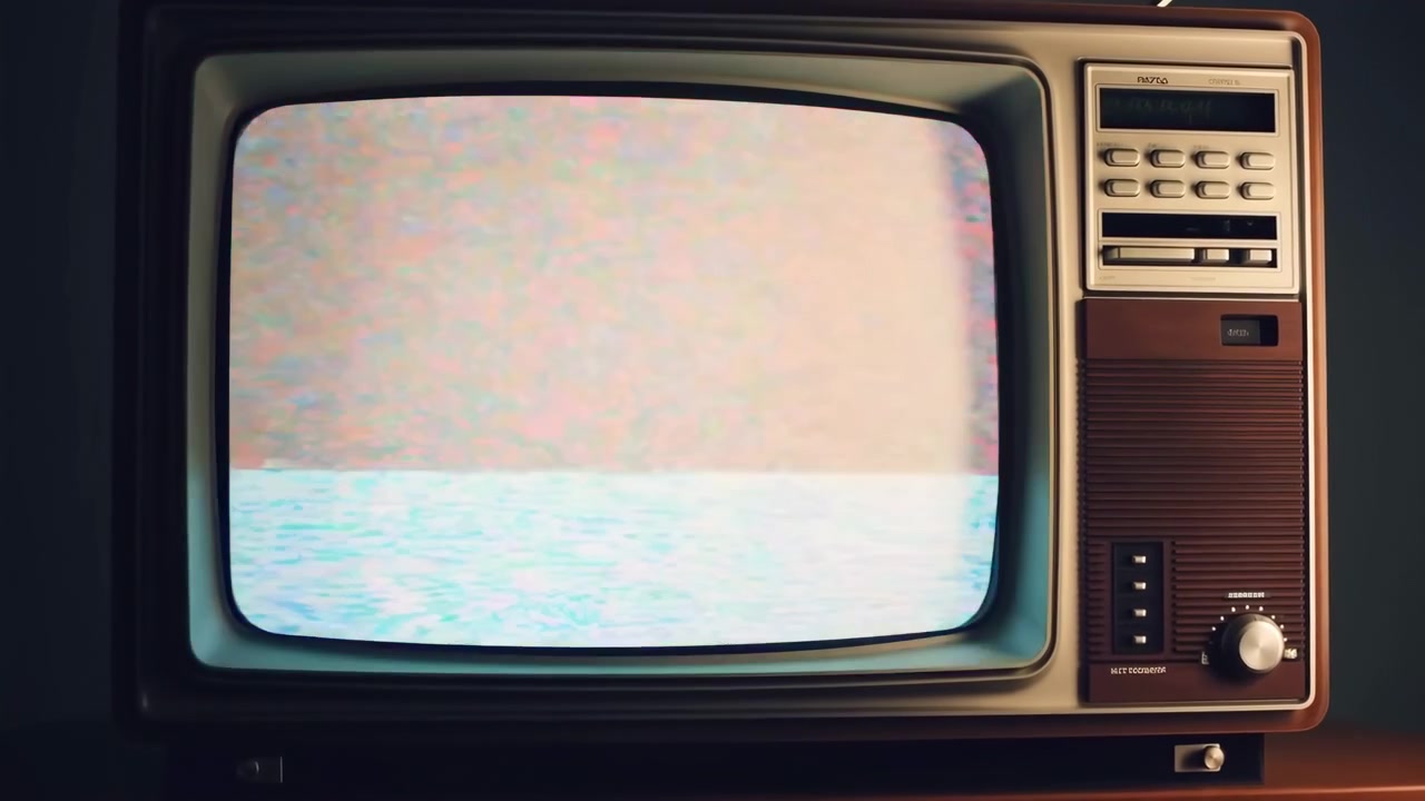 Schermo televisivo curvo che alterna rumore di segnale nevoso e ampie bande pastello mentre il set stazionario rimane centrato su uno sfondo scuro con luce calda sui bordi e controlli visibili.