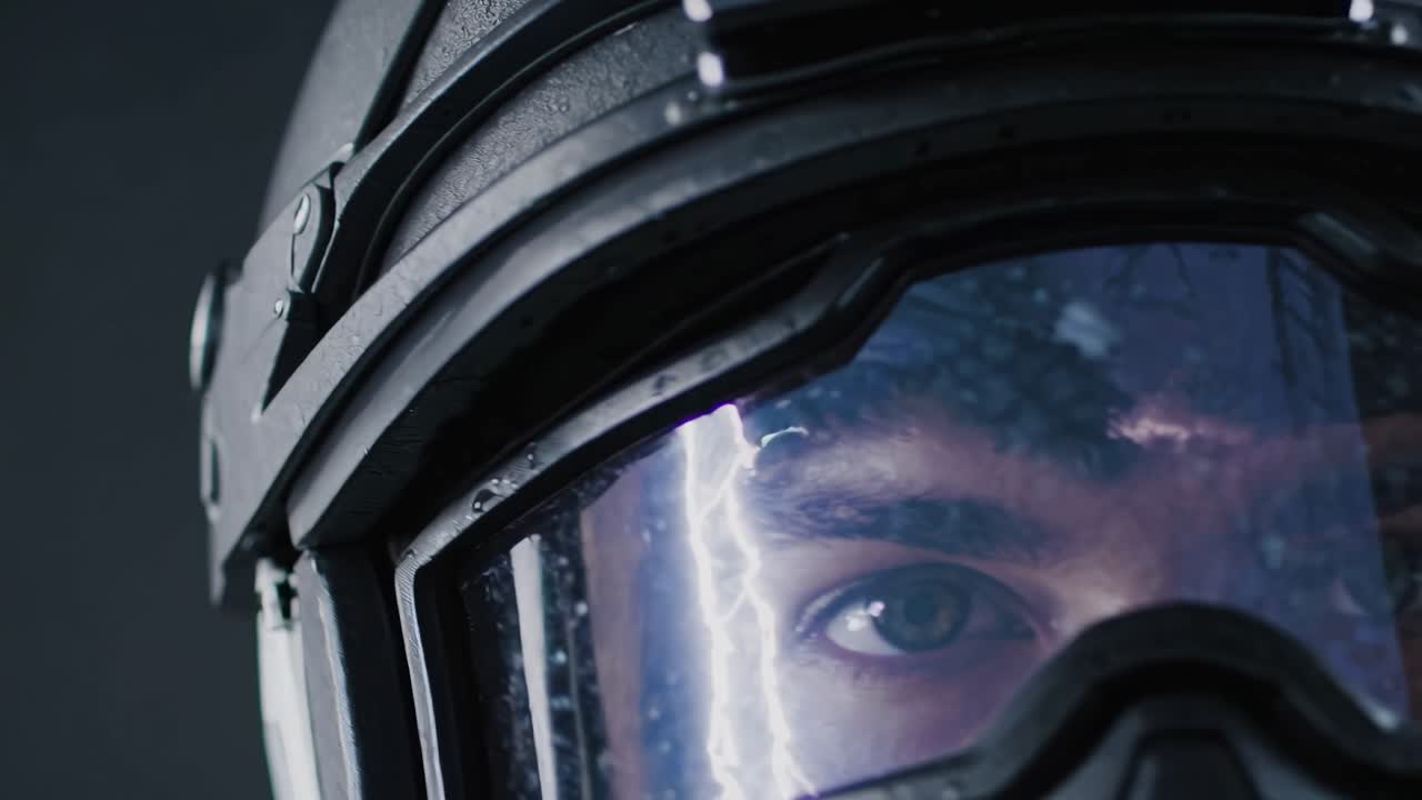 군용 헬과 보호 안경을 입은 사람의 클로즈업