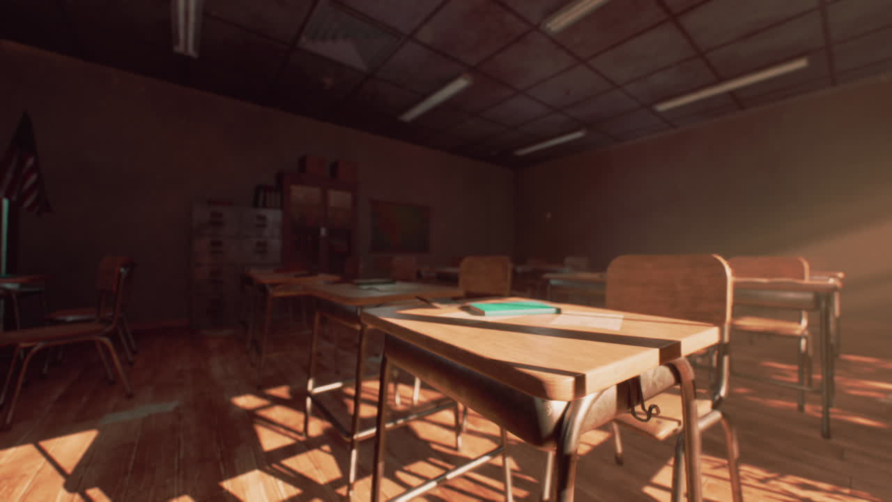 Abandoned classroom with wooden desks illuminated by soft sunlight