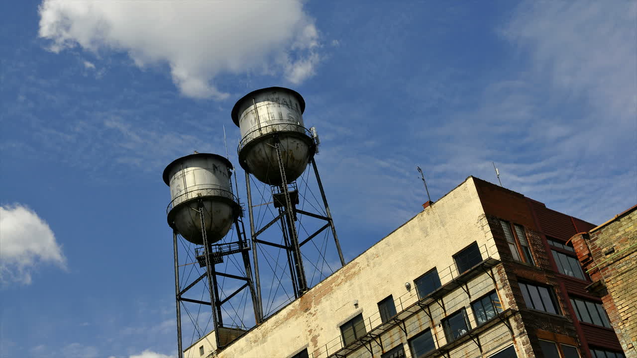 timelapse di nuvole che soffiano sopra un edificio con due torri d'acqua in cima