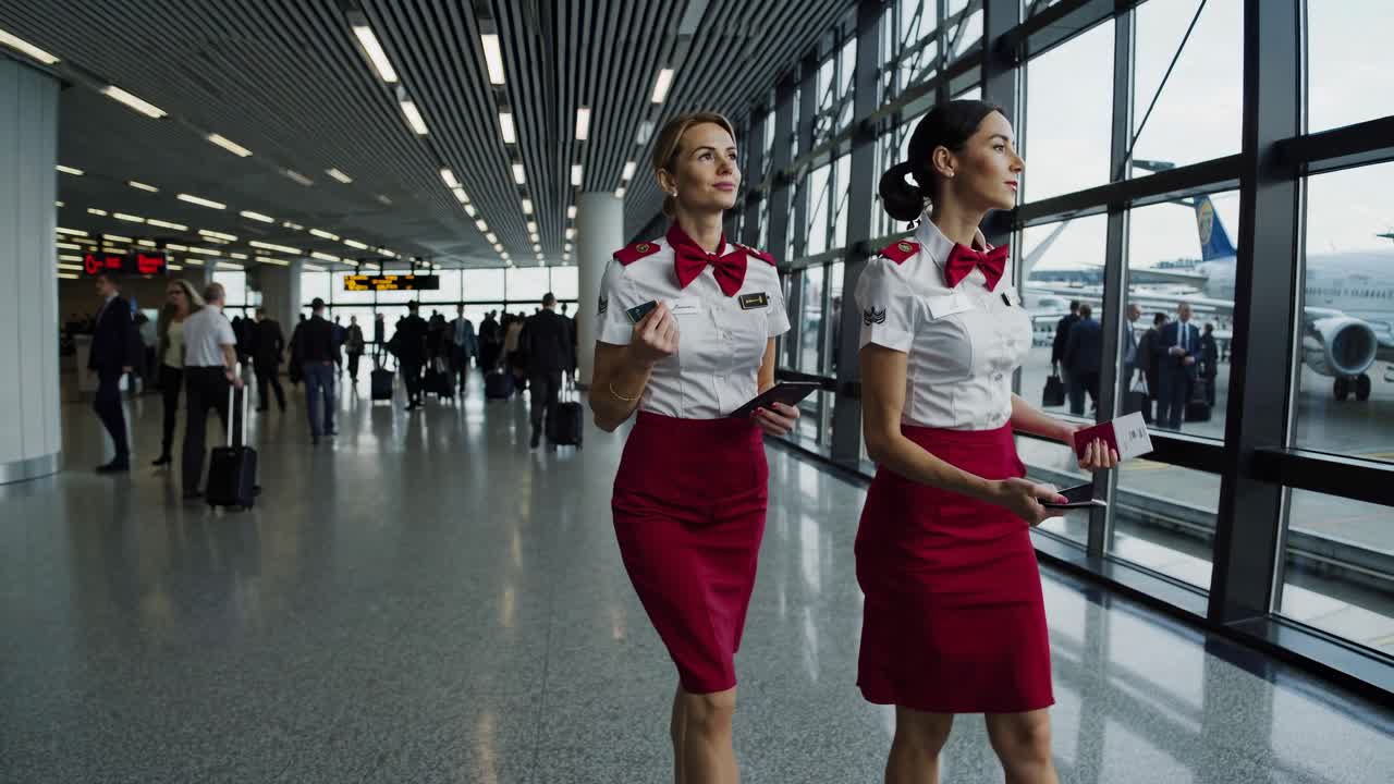 Two flight attendants in red uniforms walk through an airport terminal