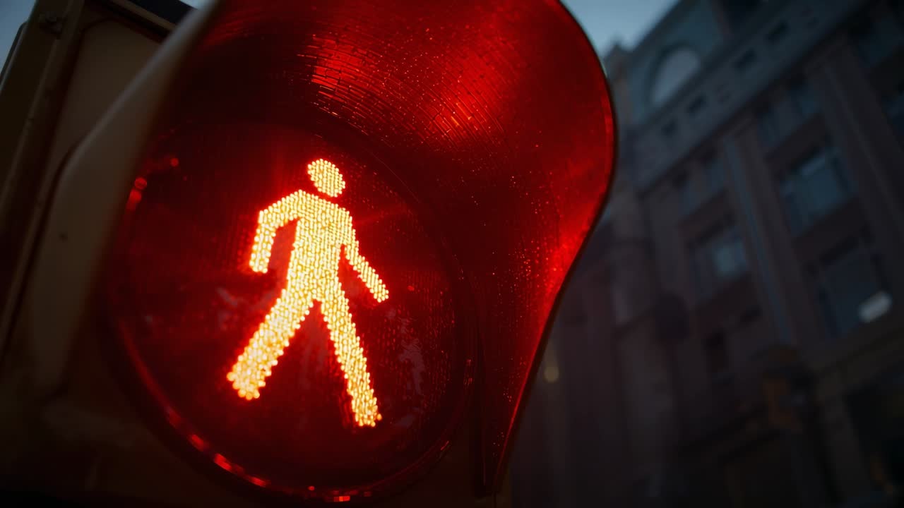 Câmera enquadrando e filmando sinal de pedestre de LED vermelho aceso em estrada ao entardecer, mostrando suporte de capô e janelas em arco.