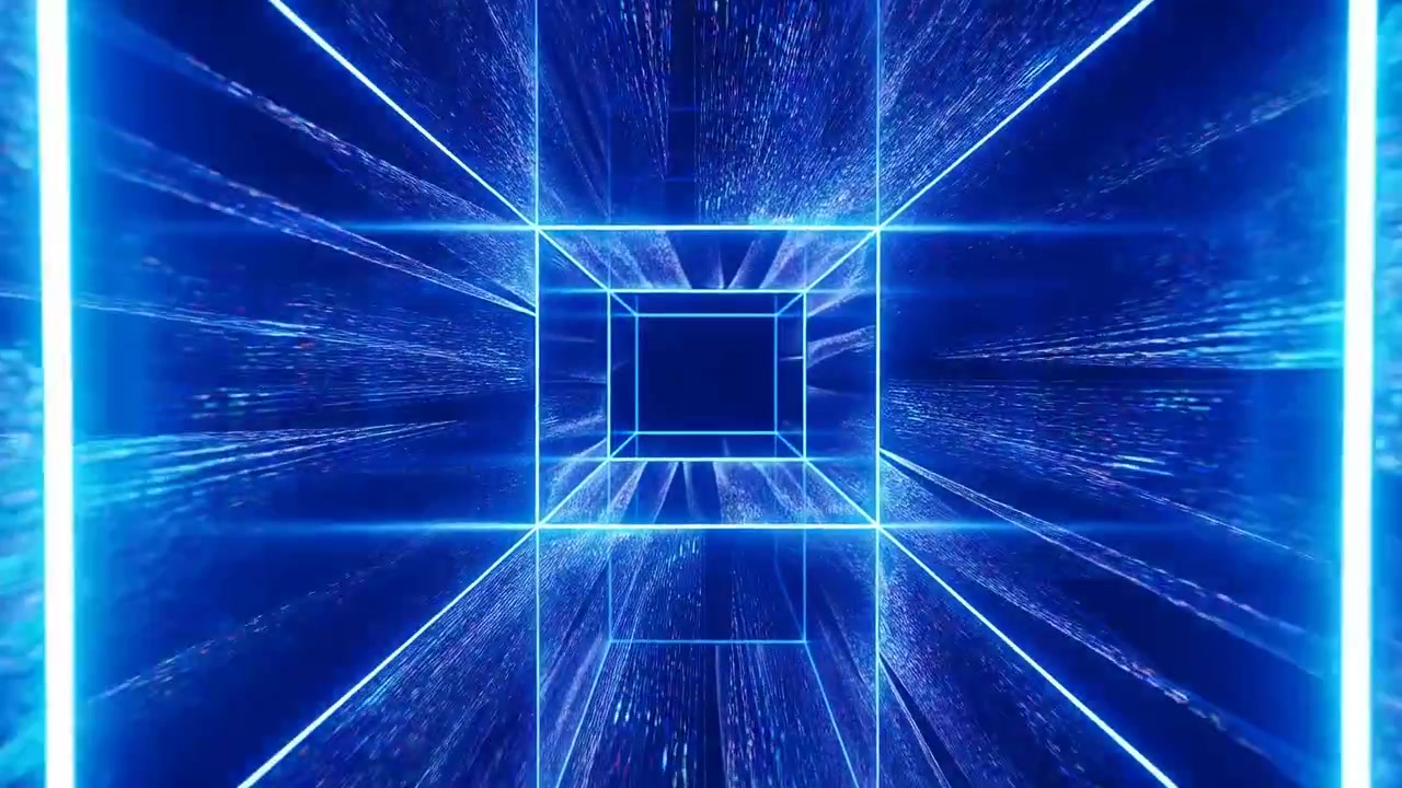 A dark futuristic corridor opens into a centered blue neon tunnel, with glowing grid lines forming a square frame. Radiant light beams and streaks sweep across the scene, creating strong depth, speed, and perspective as the corridor stretches toward a luminous vanishing point