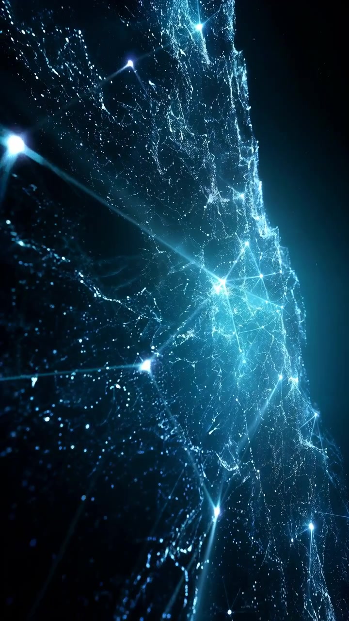 Abstract luminous network structure shifts through dark background with connected points and flowing lines, showing cyan light details, depth, and modern digital composition from close viewpoint.