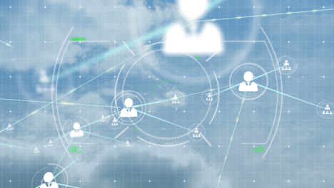 animation of network of connections with people icons over scope scanning